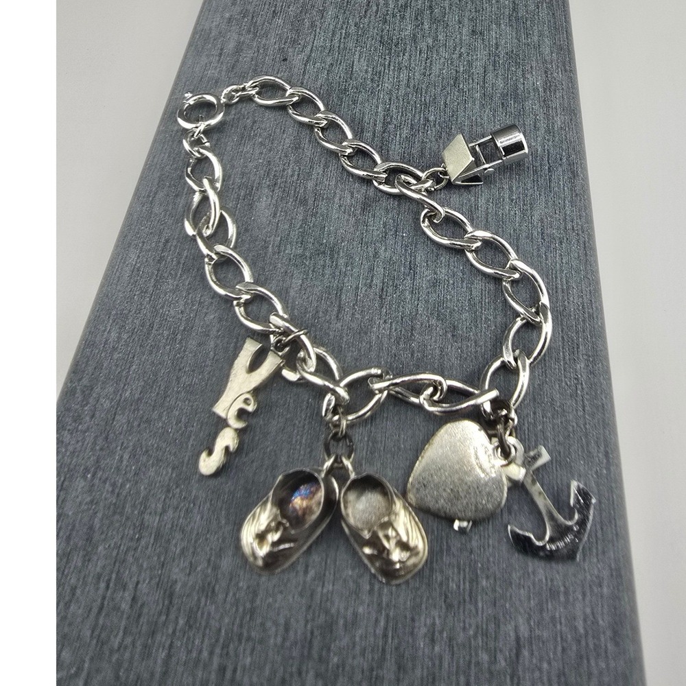 Vintage Estate Charm Bracelet Mostly Sterling Silver Anchor Baby Shoes Heart 7in